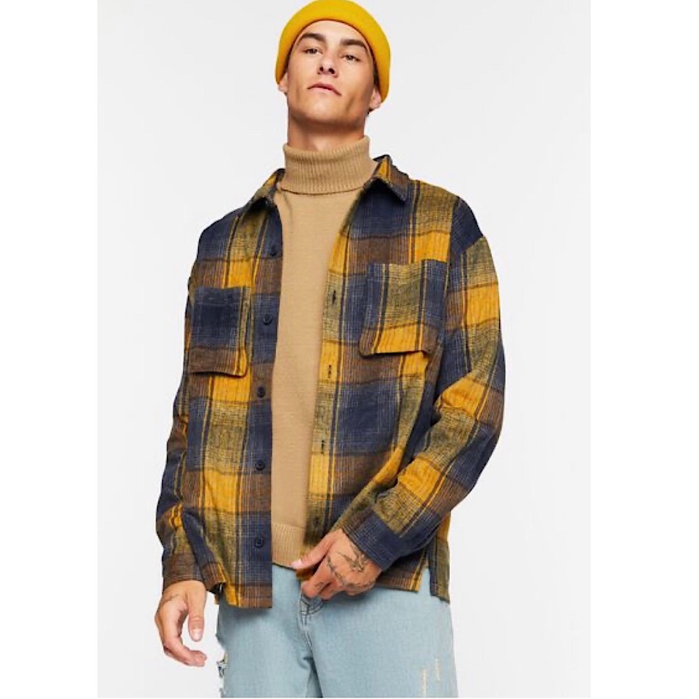 MENS DARK BLUE YELLOW PLAID LONG SLEEVE FLANNEL JACKET SIZE SMALL